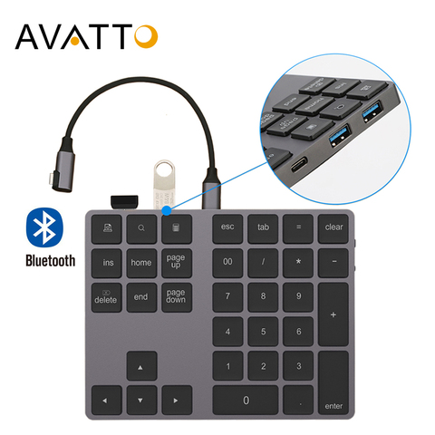 AVATTO Aluminum Alloy Bluetooth Wireless Numeric Keypad with USB HUB Digital Input Function for Windows,Mac OS,Android laptop PC ► Photo 1/6