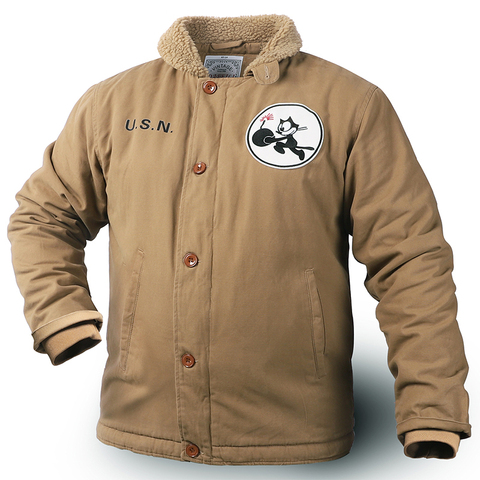 Mens N1 Teddy Bear Sherpa Collar Varsity Zip Up Deck Jacket USN Vintage Military Winter Coat Thick Khaki ► Photo 1/6