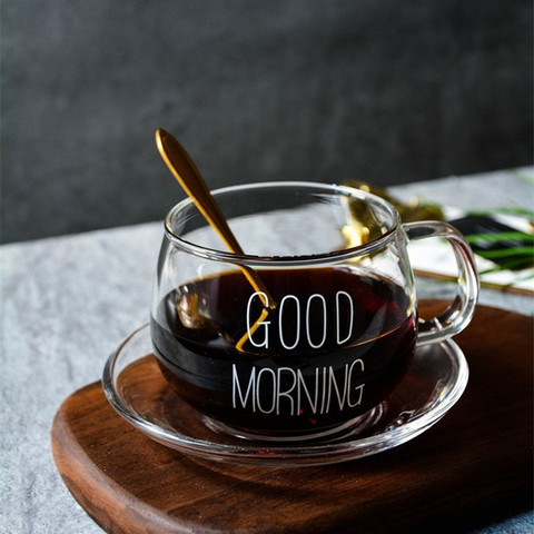 1Pcs Glass Breakfast Cup Coffee Tea Milk Yogurt Mug Creative Letters Printed Mug Transparent Handle Drinkware ► Photo 1/6