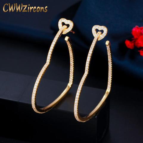 CWWZircons New Trendy White Cubic Zirconia Yellow Gold Color Love Heart Shape Big Hoop Earrings for Women Jewelry Gift CZ799 ► Photo 1/6