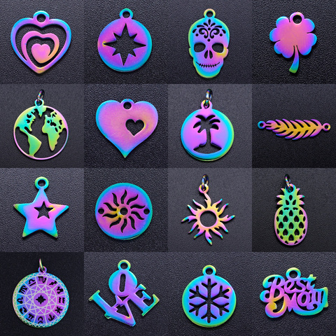 5pcs/lot Rainbow World Map DIY Charms Wholesale 100% Stainless Steel Sun Star Pendant Palm Tree Pineapple Heart Connectors Charm ► Photo 1/6