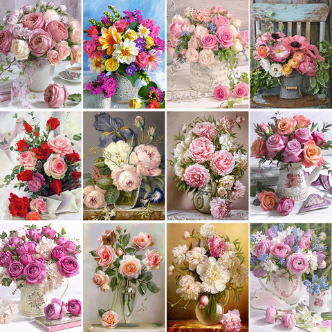 5D DIY Diamond Painting Rose Flowers Vase Cross Stitch Kit Full Drill  Embroidery Mosaic Art Picture Of Rhinestones Home Decor
