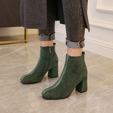 2022 green round toe chunky high heels fleece inside womens boots zipper fashion female ankle boots winter shoes big size 44 45 ► Photo 1/6