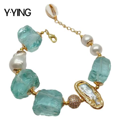 Y·YING Cultured White Keshi Pearl Biwa Pearl gold color plated Blue Glass Rough Bracelet  8