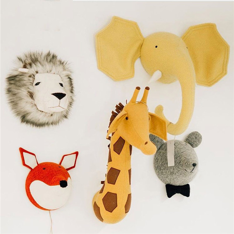 Animal Head Wall Mount Plush Decoration Kids Bedroom Stuffed Soft Toy Elephant 