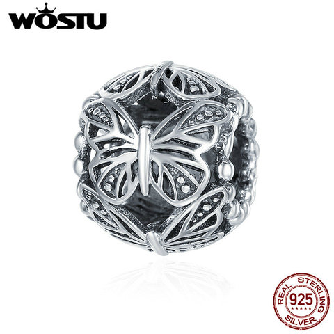 WOSTU Authentic 100% 925 Sterling Silver Stackable Butterfly Round Charm Beads fit  DIY Charm Style Bracelet Jewelry Gift CQC491 ► Photo 1/5