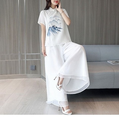 China Women Retro Buckle Cheongsam Top + Chiffon White Wide-leg Pants Chinese Style Vintage Elegant Lady Print 2 Piece Set ► Photo 1/6
