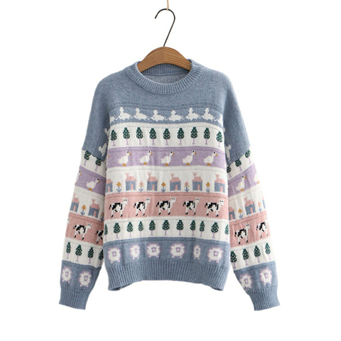 Cute Cartoo Animal Mbroidery 2022 Women's Sweater Kawaii Loose Harajuku Clothing For Long Sleeve Sweet Style Knitted Pulloer ► Photo 1/6