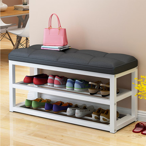 Metal Frame Shoe Storage Stool Living Room Shoe Rack Simple Change Shoe Bench Organizer Flax/Leather Cushion Shoes Cabinet ► Photo 1/5