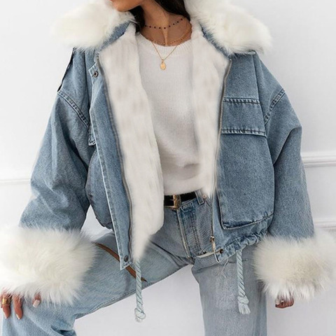 Denim Jacket 2022 Casual Women Long Sleeve Short Coats Fur Collar Outerwear Loose Ins Style Streetwear Overcoat Denim Coats ► Photo 1/6