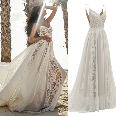 Sexy lace beach bohemian spaghetti straps bridal plus size wedding gown dress REAL PHOTO FACTORY PRICE ► Photo 1/6