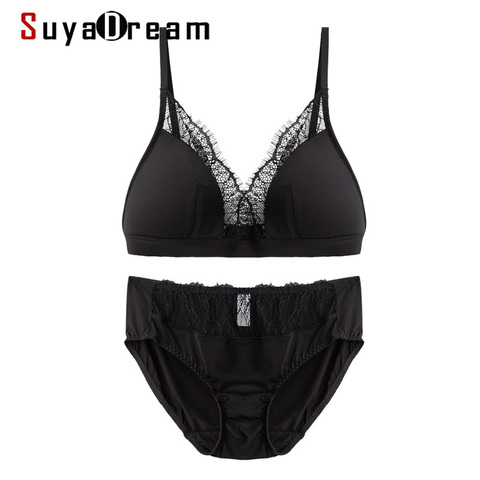 SuyaDream 2022 Bra Set 100%Real Silk and Lace Wire Free Comfort Bras and Panties Thin padding Healthy Underwears ► Photo 1/6