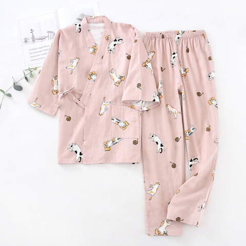 Cotton Gauze Couple Japanese Kimono Pajamas Suit Kitten Cartoon Trousers Sleep Wear Summer Lace Up Men/Women Pijamas De Mujer ► Photo 1/6