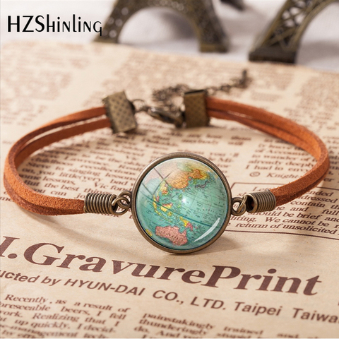 2022 Hot Sale World Mother Vintage Leather Bracelet Planet Earth World Globe Map Bracelets Art Accessories ► Photo 1/4