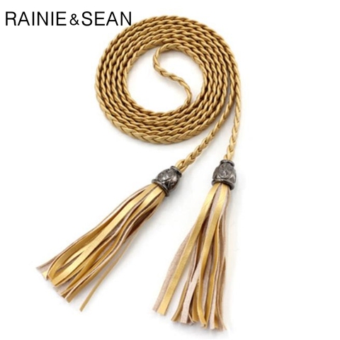 RAINIE SEAN Braided Leather Belts For Women Gold Tassel Waist Belt Ladies Thin Self Tie Bow Female Rope Thin Dress Belt 130cm ► Photo 1/6