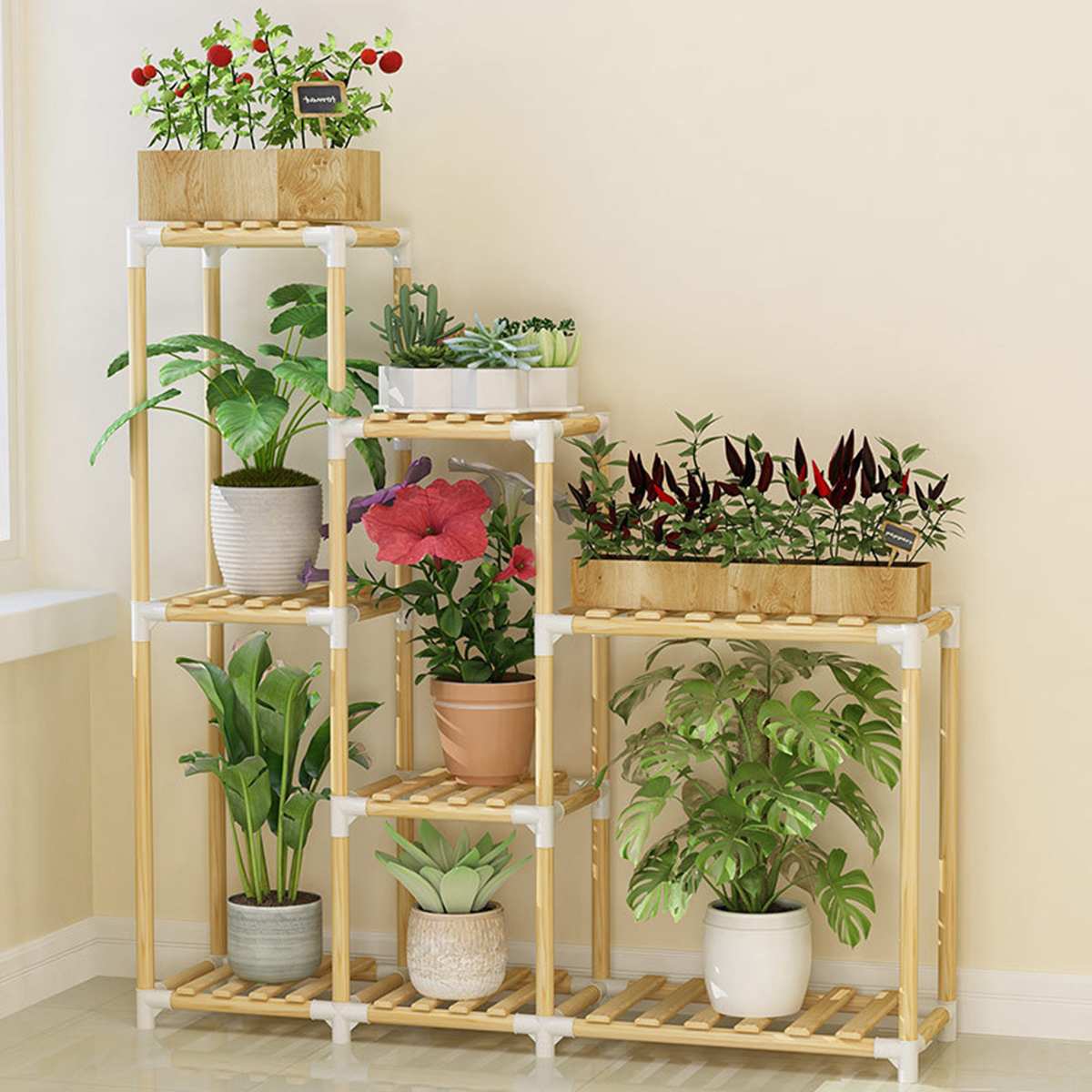 Wooden Flower Stands,Plant Stand,Yanvan 4-Layer Wooden Flower Stands Rolling Flower Plant Display Shelf Storage Rack