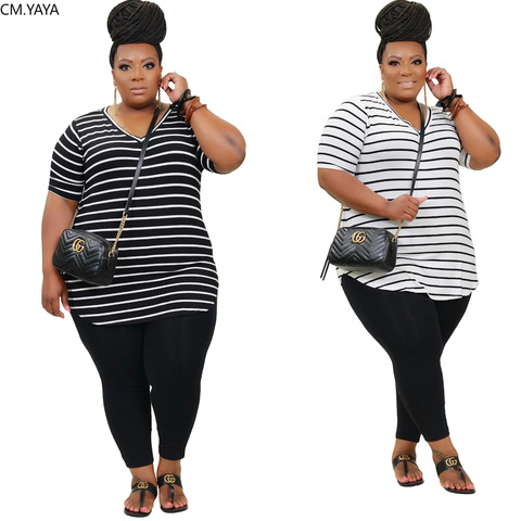 CM.YAYA Women Plus Size XL-5XL Striped Print V-neck Tee tops jogger sweatpant suit two piece set sport matching set outfit ► Photo 1/6
