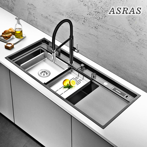 Asras11850NK Black Nano Large Kitchen Sink With Faucet & Knife Holder & Draining Board Thicken 304 Stainless Steel Long Sink Set ► Photo 1/6