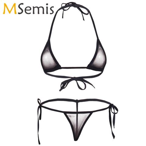 Sexy Womens Lingerie Set Erotic Sheer Mesh Extreme Micro Bikini Underwear Femme Halter Mini Bra Top with G-String Tangas Thong ► Photo 1/6