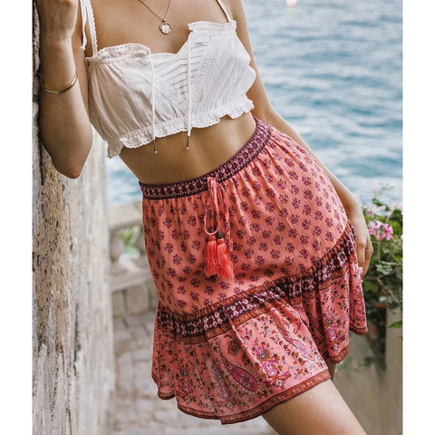 Chic Hippie Floral Printed Mini Skirts Vintage Elastic Tassel Faldas Summer 2022 Beach Boho Casual Clothes Short Women Skirts ► Photo 1/6