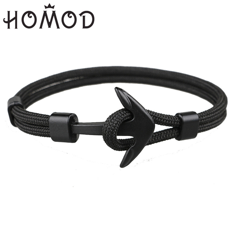 HOMOD 2022 New Fashion Black Color Anchor Bracelets Men Charm Survival Rope Chain Paracord Bracelet Male Wrap Metal Sport Hooks ► Photo 1/6
