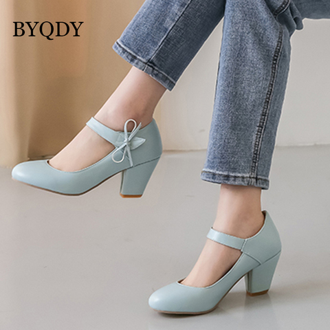 BYQDY Women Pumps 7cm High Thick Block Heels Round Toe Mary Janes Footwear Wedding Dress Office Lady Ankle Strap Shoes with Bow ► Photo 1/6