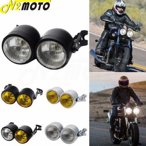 Black Motorcycle Cafe Racer Retro Twin Headlight Holder Fork Double Dual Head Lamp For Harley Dyna Bobber Dual Sport Dirt Bikes ► Photo 1/6