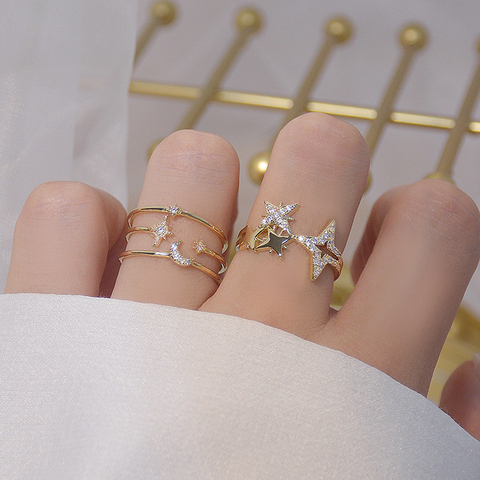 Romantic Sun Moon Star Shine CZ Ring for Girl Adjustable Open Design Fashion 14k Real Gold Bling Zircon Rings Jewelry Pendant ► Photo 1/6