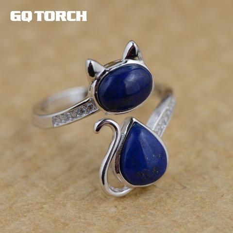 Real 925 Sterling Silver Lapis Lazuli Natural Stone Ring Lovely Cat Rings For Women Exquisite Fine Jewelry ► Photo 1/3