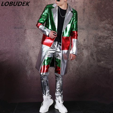 PU Leather Splicing Color Long Blazers Pants 2 Pieces Punk Style Men's Suits Tide Male Singer Concert Stage Costume Nightclub ► Photo 1/6