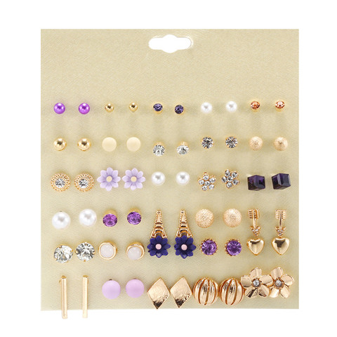 30Pairs/Sets Women Mixed Crystal Small Stud Earrings Sets Girl Heart Tower Flowers Arrow Pearl Beads Earring Sets Women Jewelry ► Photo 1/6