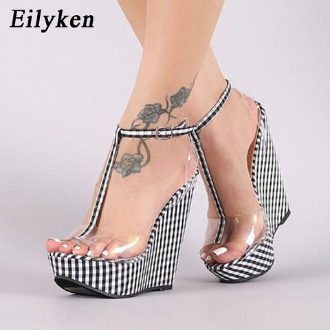 Eilyken Fashion Gingham Thick Bottoms Wedge Sandals Femme Ankle Buckle Strap Platform High Heels PVC Transparent Women Shoes ► Photo 1/6