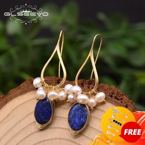 GLSEEVO Natural Lapis Lazuli Pearl Temperament Drop Earrings For Women Girls Party Gift Original Design Luxury Jewellery GE0988 ► Photo 1/6