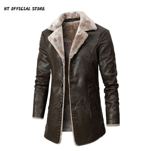 PU Leather Jacket Men Long Style Solid Men's Streetwear Fleece Casual Mens Clothing Porckets Breasted  Leather Coat Outwear ► Photo 1/5