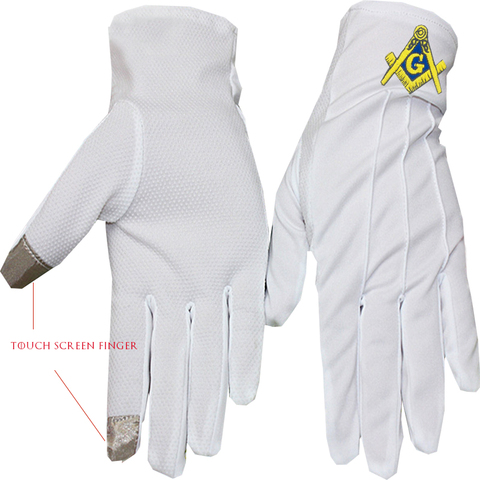 Golden Square and Compass Freemasonry Embroidery, Dot Plastic Anti-slip, Touch Screen, Polyester Gloves-[White] ► Photo 1/6