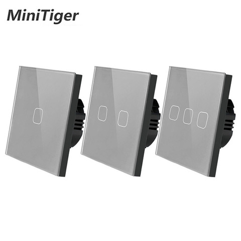 Minitiger EU/UK standard 1/2/3 Gang 1 Way Touch Switch Gray Crystal Glass Panel Touch Switch Light Wall Only Touch Function ► Photo 1/5
