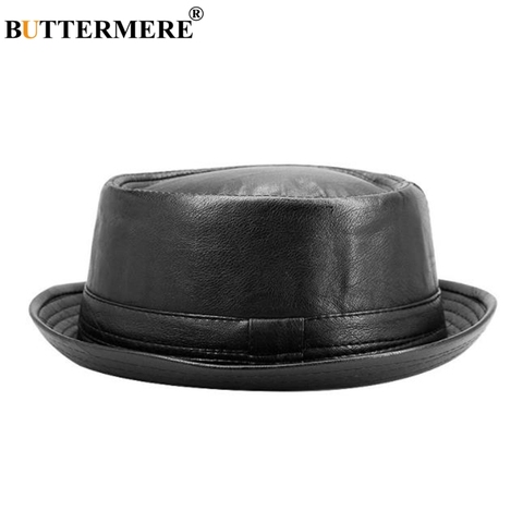 BUTTERMERE Men Black Leather Trilby Hat Male Fedora Cap Retro Women Autumn Brand Porkpie Hat Men's Vintage Jazz Hats ► Photo 1/6