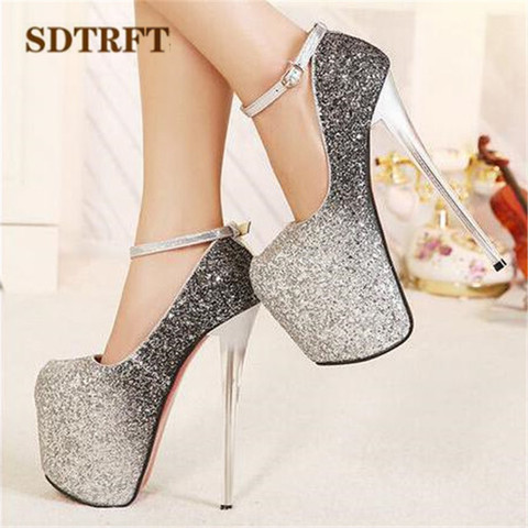 SDTRFT Gold Sliver Sequins Pumps Ladies Platform shoes woman 20cm thin heels Nighclub Ankle Strap single wedding Dance Stiletto ► Photo 1/6