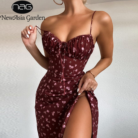 Newasia Wine Floral Dress Women Prairie Chic Paghetti Straps Backless Chest Draped Lace Up Side Split Sexy Long Dresses 2022 New ► Photo 1/6