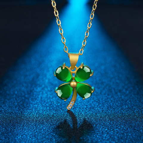 Natural Green Jade Clover Pendant Necklace 925 Silver Fashion Jewelry Chalcedony Amulet Gifts ► Photo 1/5