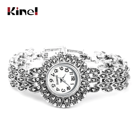 Kinel Fashion Antique Tibetan Silver Quartz Wristwatch Women's Bracelet Watches Luxury Lady Dress Watches Crystal Jewelry Gifts ► Photo 1/6