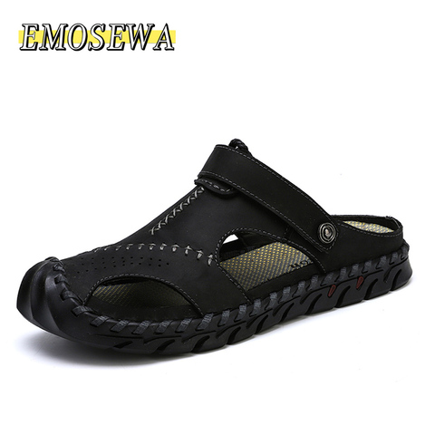 EMOSEWA Brand Summer Man Beach Cork Slippers Casual Men Buckle Genuine Leather Cut-outs Clogs Slides Slip on Shoes Plus 38-48 ► Photo 1/6