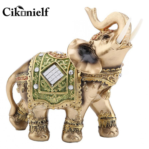 S M L Feng Shui Brass Color Resin Elegant Elephant Trunk Statue Wealth Lucky Figurine Home Decor Gift ► Photo 1/6