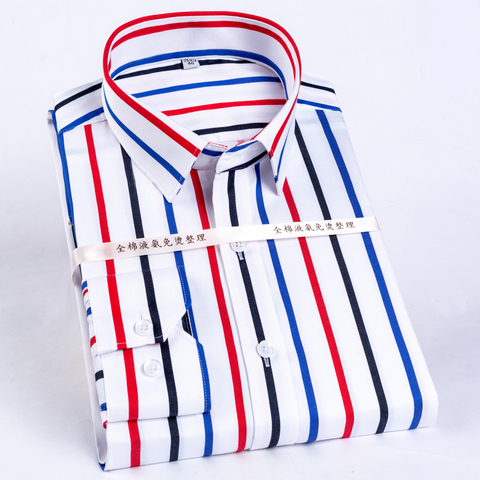 Men's Color Block Striped Wrinkle-Resistant Dress Shirt Long-Sleeve Standard-fit Hidden Button Collar Casual Pure Cotton Shirts ► Photo 1/6