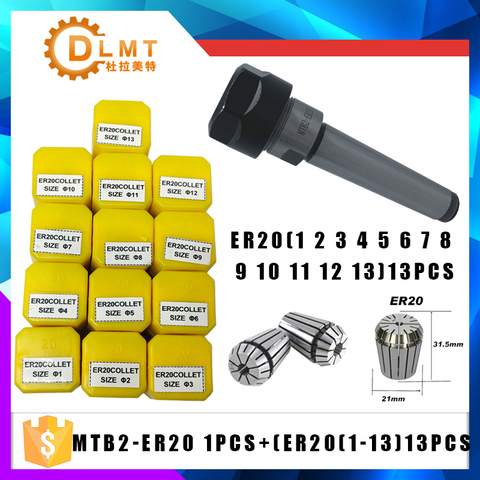 1PCS handle MT2 ER20 MTB2 ER20A M6 Morse#2 taper holder collet chuck+13pcs spring collet 1/2/3/4/5/6/7/8/9/10/11/12/13MM ► Photo 1/5