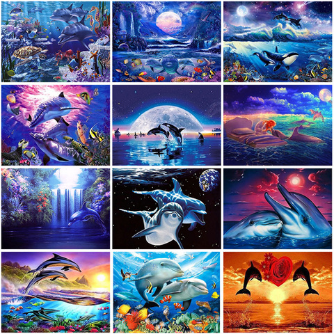 Diy 5D Diamond Painting Dolphin  Diamond Embroidery Animals Rhinestones Mosaic Cross Stitch Full Square Round Drill Home Decor ► Photo 1/6