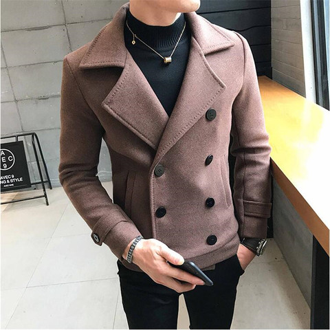 2022 New Fashion Men Double-Breasted Windbreaker Solid Color Slim Short Woolen Coat Winter Casual Warm Windbreaker Coat Size 5XL ► Photo 1/6