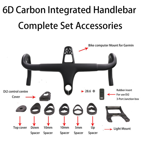 6D Aero Carbon Road Bicycle Handlebar Integrated Drop Bar 28.6mm UD Weave With Bike Computer Mount Special Spacer light mount ► Photo 1/5