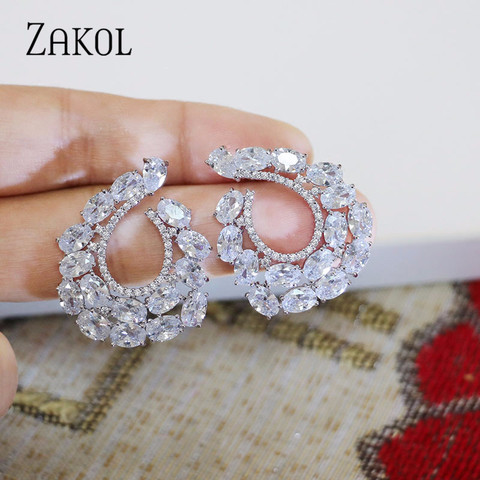 ZAKOL Brand Wedding Jewelry Fashion High Quality Clear Cz Zircon CC Shape Stud Earrings for Women Crystal Party Jewelry FSEP069 ► Photo 1/6