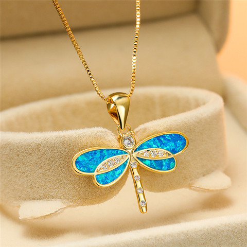 Luxury Female White Opal Pendant Necklace Charm Crystal Animal Chain Necklaces For Women Cute Gold Dragonfly Wedding Necklace ► Photo 1/6